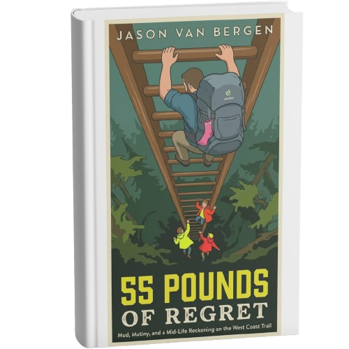 3D book cover for 55 Pounds of Regret, a West Coast Trail book by Jason Van Bergen.